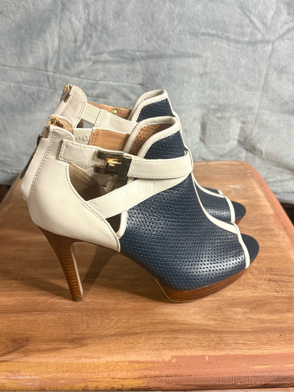 Tommy Hilfiger Women’s Navy and White Peep-Toe High Heel